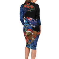 Personalised New Zealand Christmas Long Sleeve Bodycon Dress Santa Kiwi Bird With Pohutukawa Flowers - Polynesian Pride