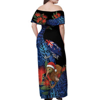 Personalised New Zealand Christmas Off Shoulder Maxi Dress Santa Kiwi Bird With Pohutukawa Flowers - Polynesian Pride
