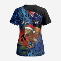 Personalised New Zealand Christmas Scrub Top Santa Kiwi Bird With Pohutukawa Flowers - Polynesian Pride