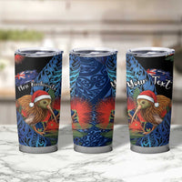 Personalised New Zealand Christmas Tumbler Cup Santa Kiwi Bird With Pohutukawa Flowers - Polynesian Pride