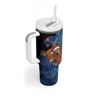 Personalised New Zealand Christmas Tumbler With Handle Santa Kiwi Bird With Pohutukawa Flowers - Polynesian Pride