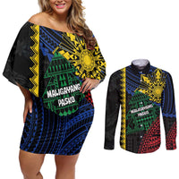 Personalised Philippines Christmas Couples Matching Off Shoulder Short Dress and Long Sleeve Button Shirt Xmas Tree Filipino Tribal Patterns - Polynesian Pride