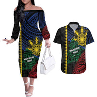 Personalised Philippines Christmas Couples Matching Off The Shoulder Long Sleeve Dress and Hawaiian Shirt Xmas Tree Filipino Tribal Patterns DT05 Black - Polynesian Pride