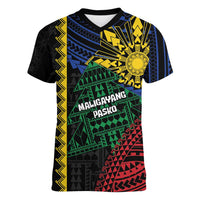 Personalised Philippines Christmas Women V-Neck T-Shirt Xmas Tree Filipino Tribal Patterns DT05 Female Black - Polynesian Pride