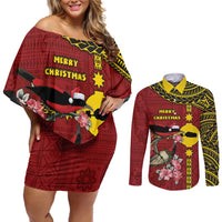Rotuma Christmas Couples Matching Off Shoulder Short Dress and Long Sleeve Button Shirt Rotuma Myzomela Birds With Hibiscus Flowers - Polynesian Pride
