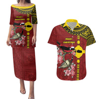 Rotuma Christmas Couples Matching Puletasi and Hawaiian Shirt Rotuma Myzomela Birds With Hibiscus Flowers DT05 Red - Polynesian Pride