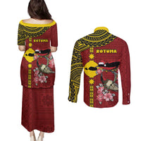 Rotuma Christmas Couples Matching Puletasi and Long Sleeve Button Shirt Rotuma Myzomela Birds With Hibiscus Flowers DT05 - Polynesian Pride