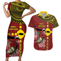 Rotuma Christmas Couples Matching Short Sleeve Bodycon Dress and Hawaiian Shirt Rotuma Myzomela Birds With Hibiscus Flowers DT05 Red - Polynesian Pride