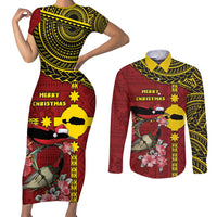 Rotuma Christmas Couples Matching Short Sleeve Bodycon Dress and Long Sleeve Button Shirt Rotuma Myzomela Birds With Hibiscus Flowers DT05 Red - Polynesian Pride