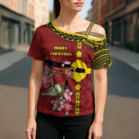 Rotuma Christmas Cross Shoulder Shirt Rotuma Myzomela Birds With Hibiscus Flowers - Polynesian Pride