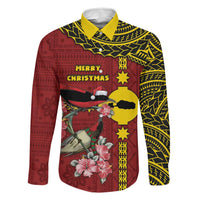 Rotuma Christmas Family Matching Off The Shoulder Long Sleeve Dress and Hawaiian Shirt Rotuma Myzomela Birds With Hibiscus Flowers DT05 Dad's Shirt - Long Sleeve Red - Polynesian Pride
