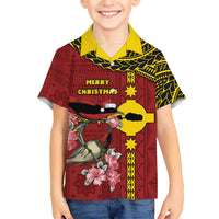 Rotuma Christmas Family Matching Off Shoulder Short Dress and Hawaiian Shirt Rotuma Myzomela Birds With Hibiscus Flowers DT05 Son's Shirt Red - Polynesian Pride