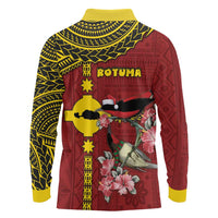 Rotuma Christmas Long Sleeve Polo Shirt Rotuma Myzomela Birds With Hibiscus Flowers - Polynesian Pride