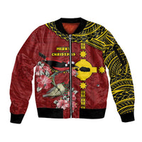 Rotuma Christmas Sleeve Zip Bomber Jacket Rotuma Myzomela Birds With Hibiscus Flowers - Polynesian Pride