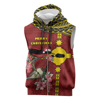Rotuma Christmas Sleeveless Zip Hoodie Rotuma Myzomela Birds With Hibiscus Flowers DT05 Red - Polynesian Pride