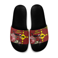 Rotuma Christmas Slide Sandals Rotuma Myzomela Birds With Hibiscus Flowers - Polynesian Pride