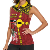 Rotuma Christmas Women Sleeveless Polo Shirt Rotuma Myzomela Birds With Hibiscus Flowers - Polynesian Pride