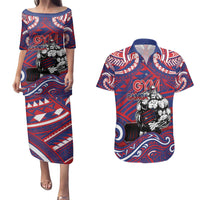 Personalised Samoa Gym Couples Matching Puletasi and Hawaiian Shirt Muscle Samoan Tribal Waves - Polynesian Pride