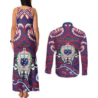 Personalised Samoa Gym Couples Matching Tank Maxi Dress and Long Sleeve Button Shirt Muscle Samoan Tribal Waves DT05 - Polynesian Pride