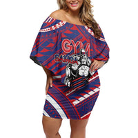 Personalised Samoa Gym Off Shoulder Short Dress Muscle Samoan Tribal Waves - Polynesian Pride