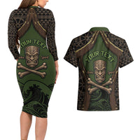 Personalised Hawaii Tiki Pirates Couples Matching Long Sleeve Bodycon Dress and Hawaiian Shirt Kakau Pattern Polynesian Style