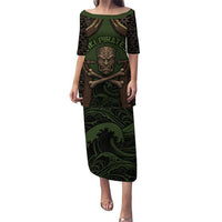 Personalised Hawaii Tiki Pirates Puletasi Kakau Pattern Polynesian Style DT05 Long Dress Green - Polynesian Pride