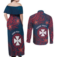 Personalised Wallis And Futuna Couples Matching Off Shoulder Maxi Dress and Long Sleeve Button Shirt Hibiscus Polynesian Tribal Pattern