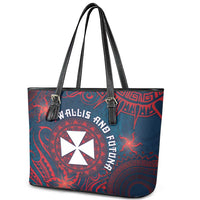 Wallis And Futuna Leather Tote Bag Hibiscus Polynesian Tribal Pattern