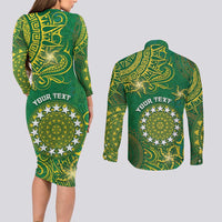 Personalised Cook Islands Couples Matching Long Sleeve Bodycon Dress and Long Sleeve Button Shirt Hibiscus Polynesian Tribal Pattern