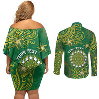 Personalised Cook Islands Couples Matching Off Shoulder Short Dress and Long Sleeve Button Shirt Hibiscus Polynesian Tribal Pattern