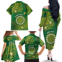Personalised Cook Islands Family Matching Off The Shoulder Long Sleeve Dress and Hawaiian Shirt Hibiscus Polynesian Tribal Pattern