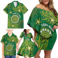 Personalised Cook Islands Family Matching Off Shoulder Short Dress and Hawaiian Shirt Hibiscus Polynesian Tribal Pattern