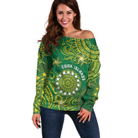 Personalised Cook Islands Off Shoulder Sweater Hibiscus Polynesian Tribal Pattern