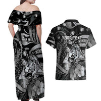 Personalised Maori Romantic Valentine Couples Matching Off Shoulder Maxi Dress and Hawaiian Shirt The Hongi Kiss Black Galaxy