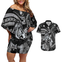 Personalised Maori Romantic Valentine Couples Matching Off Shoulder Short Dress and Hawaiian Shirt The Hongi Kiss Black Galaxy