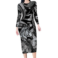 Personalised Maori Romantic Valentine Long Sleeve Bodycon Dress The Hongi Kiss Black Galaxy