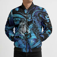 Personalised Maori Romantic Valentine Bomber Puffer Jacket The Hongi Kiss Blue Galaxy