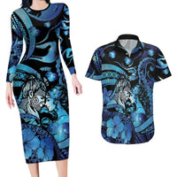 Personalised Maori Romantic Valentine Couples Matching Long Sleeve Bodycon Dress and Hawaiian Shirt The Hongi Kiss Blue Galaxy
