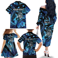 Personalised Maori Romantic Valentine Family Matching Off The Shoulder Long Sleeve Dress and Hawaiian Shirt The Hongi Kiss Blue Galaxy