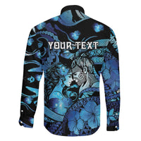 Personalised Maori Romantic Valentine Family Matching Off The Shoulder Long Sleeve Dress and Hawaiian Shirt The Hongi Kiss Blue Galaxy