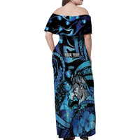 Personalised Maori Romantic Valentine Family Matching Off Shoulder Maxi Dress and Hawaiian Shirt The Hongi Kiss Blue Galaxy