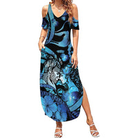 Personalised Maori Romantic Valentine Family Matching Summer Maxi Dress and Hawaiian Shirt The Hongi Kiss Blue Galaxy
