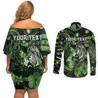 Personalised Maori Romantic Valentine Couples Matching Off Shoulder Short Dress and Long Sleeve Button Shirt The Hongi Kiss Green Galaxy