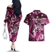 Personalised Maori Romantic Valentine Couples Matching Off The Shoulder Long Sleeve Dress and Hawaiian Shirt The Hongi Kiss Pink Galaxy