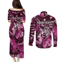 Personalised Maori Romantic Valentine Couples Matching Puletasi and Long Sleeve Button Shirt The Hongi Kiss Pink Galaxy