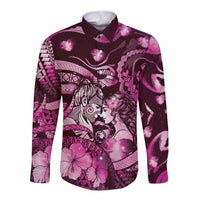 Personalised Maori Romantic Valentine Long Sleeve Button Shirt The Hongi Kiss Pink Galaxy DT05 Unisex Pink - Polynesian Pride