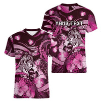 Personalised Maori Romantic Valentine Women V-Neck T-Shirt The Hongi Kiss Pink Galaxy