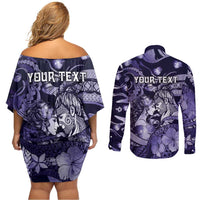 Personalised Maori Romantic Valentine Couples Matching Off Shoulder Short Dress and Long Sleeve Button Shirt The Hongi Kiss Purple Galaxy