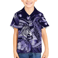 Personalised Maori Romantic Valentine Family Matching Short Sleeve Bodycon Dress and Hawaiian Shirt The Hongi Kiss Purple Galaxy