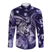 Personalised Maori Romantic Valentine Long Sleeve Button Shirt The Hongi Kiss Purple Galaxy